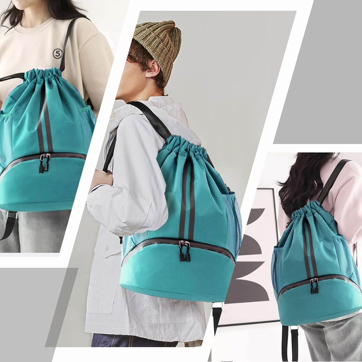 Hoedia Sports Drawstring Backpack - String Swim Gym Bag with Shoes Compartment and Wet Proof Pocket for Women/Men - PuriLite