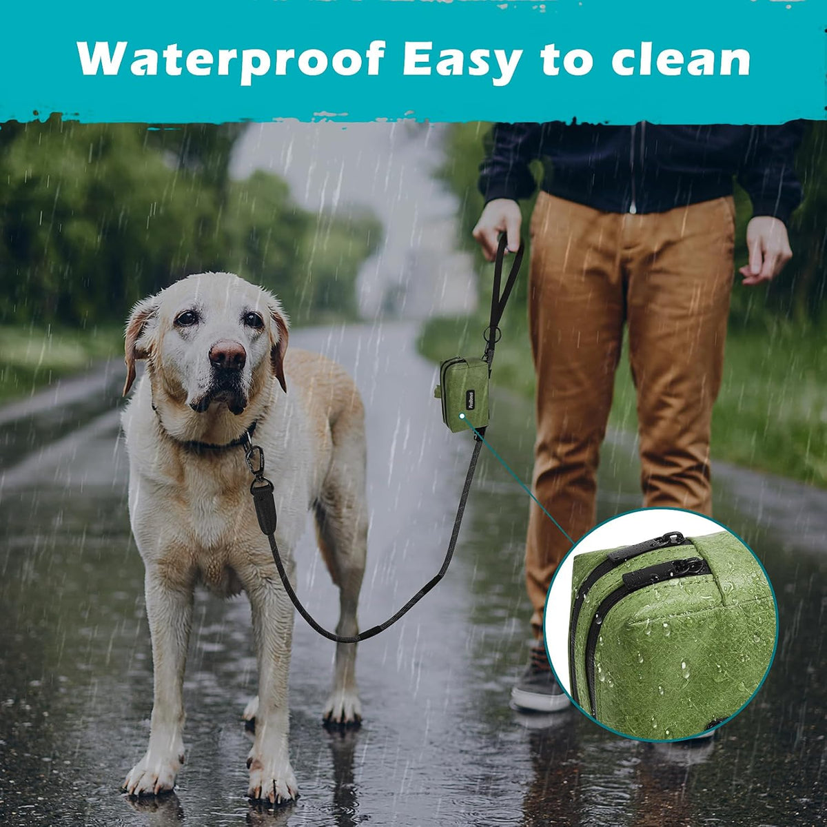 PetBonus Waterproof Dog Poop Bag Holder for leashes, Portable Pet Waste Bag Dispenser, 2 Pouches for Treat Holder and Walking Accessories, Fit All Leashes, Includes 1 Roll of Dog Poop Bags (Green) - PuriLite