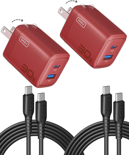 INIU USB C Charger, 2-Pack 30W PD QC 3.0 Dual Port Fast Charging Type C Charger Block with 5ft USB-C Cable, Compact USB C Wall Charger with Foldable Plug for iPhone 16 15 Pro Max Samsung S23, Yellow - PuriLite