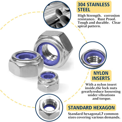 Vifmy 110 Pack 1/4"-20 Inch Lock Nuts,304 (A2-70) Stainless Steel Nylon Insert Locknuts,Standard Inch Thread Nylock Nuts for Bolts - PuriLite