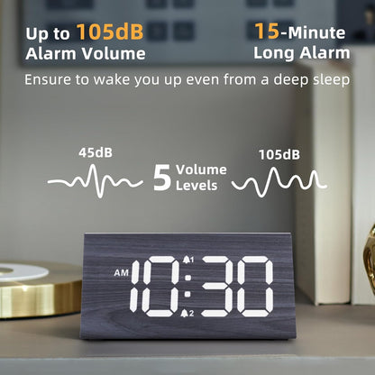 Odokee Wooden Digital Alarm Clock for Bedroom: Electric Desk Clock with Large LED Display - Brown - PuriLite