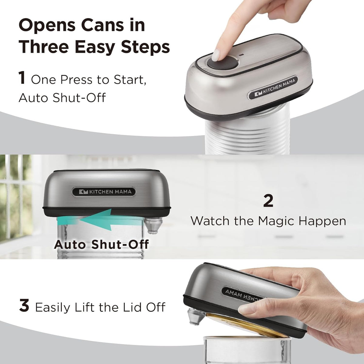 Kitchen Mama Orbit One Stainless Steel Rechargeable Electric Can Opener: Hands-Free, USB-C Charging, Automatic Stop, Smooth Edge, Safety, Blade for Large Cans, Heavy Duty, Soda Can and Pop Can - PuriLite