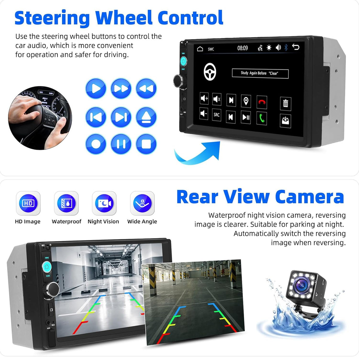 Universal Double Din Car Stereo 7 inch Touchscreen Radio with Mirror Link FM Receiver Multimedia Player Head Unit Bluetooth EQ USB TF AUX+ 12 LED Backup Camera MIC - PuriLite