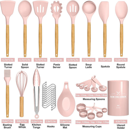 Umite Chef Kitchen Cooking Utensils Set, 33 pcs Non-Stick Silicone Cooking Kitchen Utensils Spatula Set with Holder, Wooden Handle Silicone Kitchen Gadgets Utensil Set (Khaki) - PuriLite