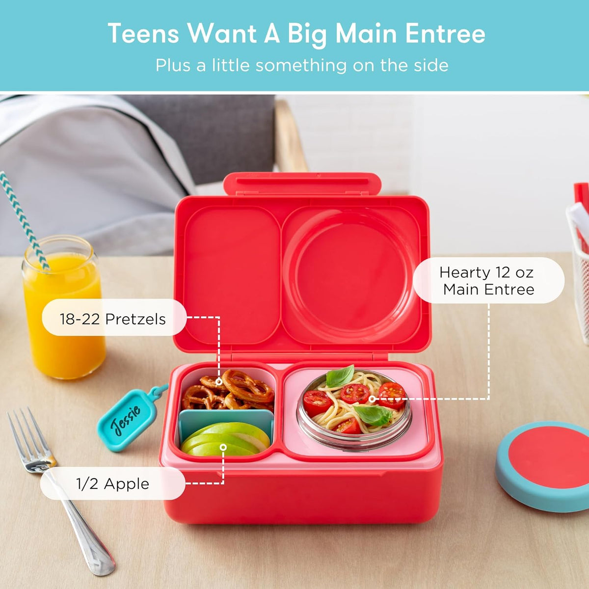OmieBox UP bento box for kids | Insulated lunch box | Insulated food jar | Cooler ice pack | 2 Compartments (Cherry Pink) - PuriLite