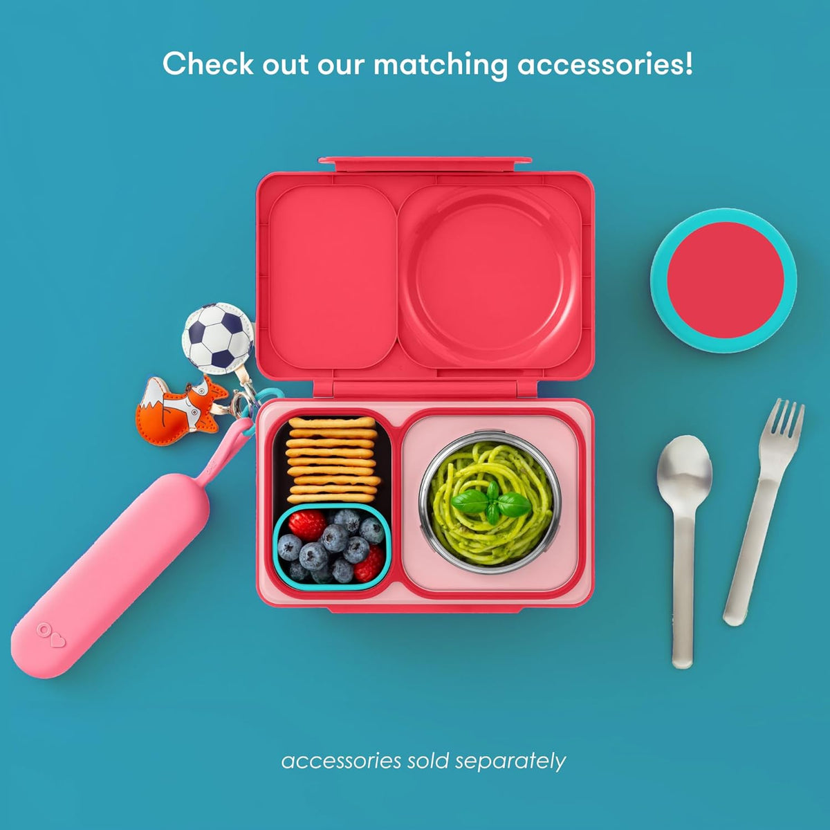 OmieBox UP bento box for kids | Insulated lunch box | Insulated food jar | Cooler ice pack | 2 Compartments (Cherry Pink) - PuriLite