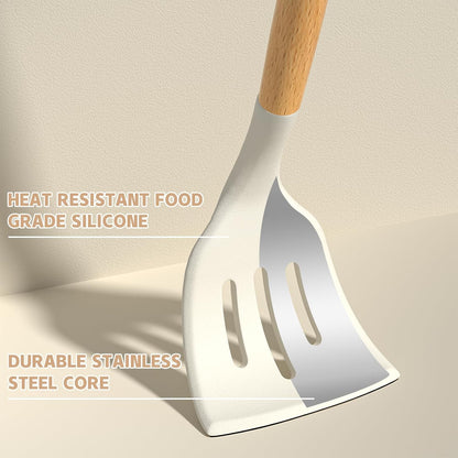 Umite Chef Kitchen Cooking Utensils Set, 33 pcs Non-Stick Silicone Cooking Kitchen Utensils Spatula Set with Holder, Wooden Handle Silicone Kitchen Gadgets Utensil Set (Khaki) - PuriLite