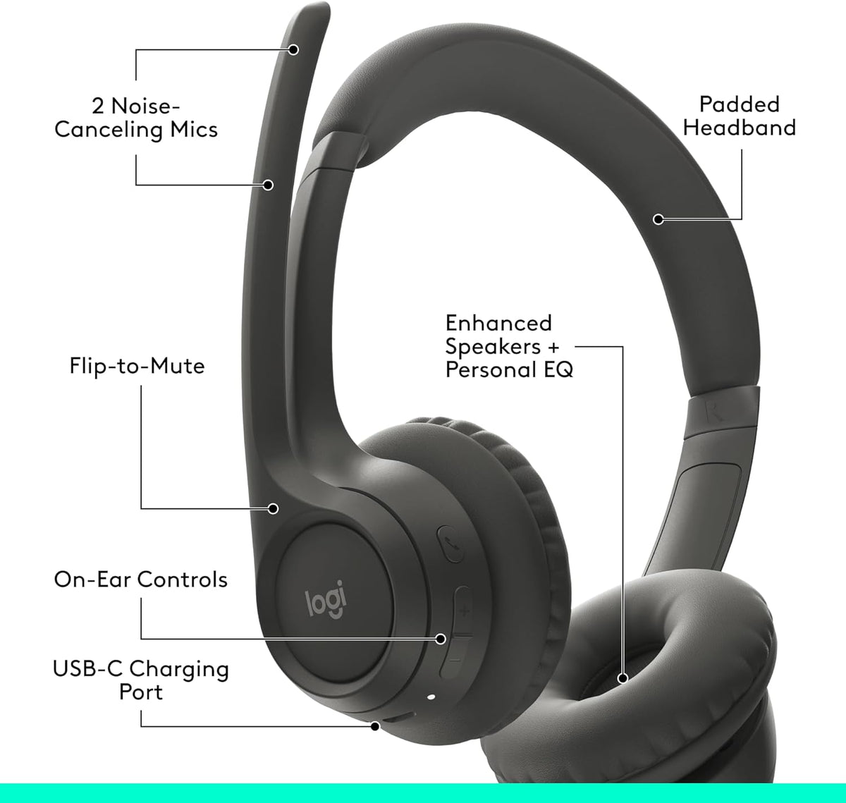 Logitech Zone 301 Wireless Bluetooth Headset with Noise-Canceling Microphone, Compatible with Windows, Mac, Chrome, Linux, iOS, iPadOS, Android – Graphite - PuriLite