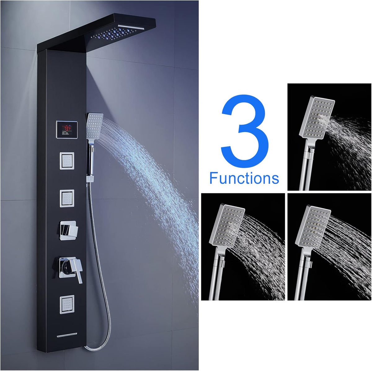 LED Shower Panel Tower System Black, MENATT 304 Stainless Steel 5-Function Shower Panel Rainfall Waterfall Shower Rain Massage System with Body Jets - PuriLite