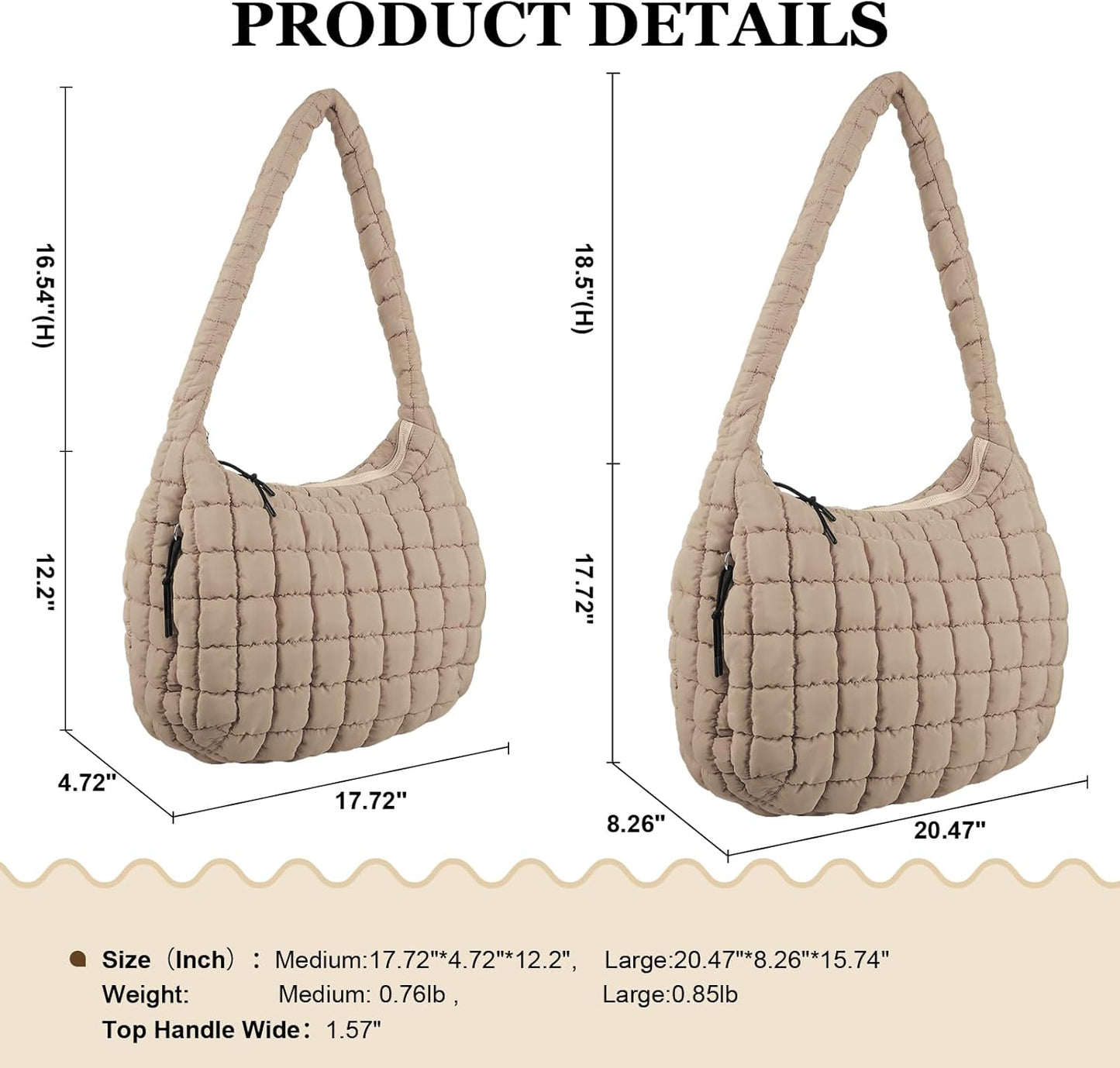Quilted Puffer Tote Bag Large Crossbody Shoulder Bag with Zipper, Nylon Hobo Oversized Handbag - PuriLite