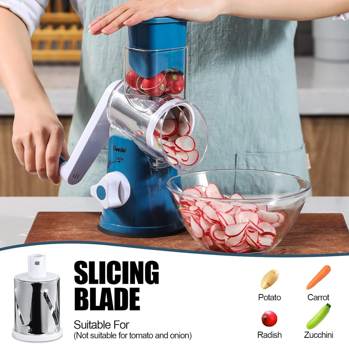 Geedel Kitchen Cheese Grater, Rotary Mandoline Vegetable Slicer with Interchangeable Blades, Easy to Use Rotary Grater Slicer for Fruit, Vegetables, Nuts - PuriLite