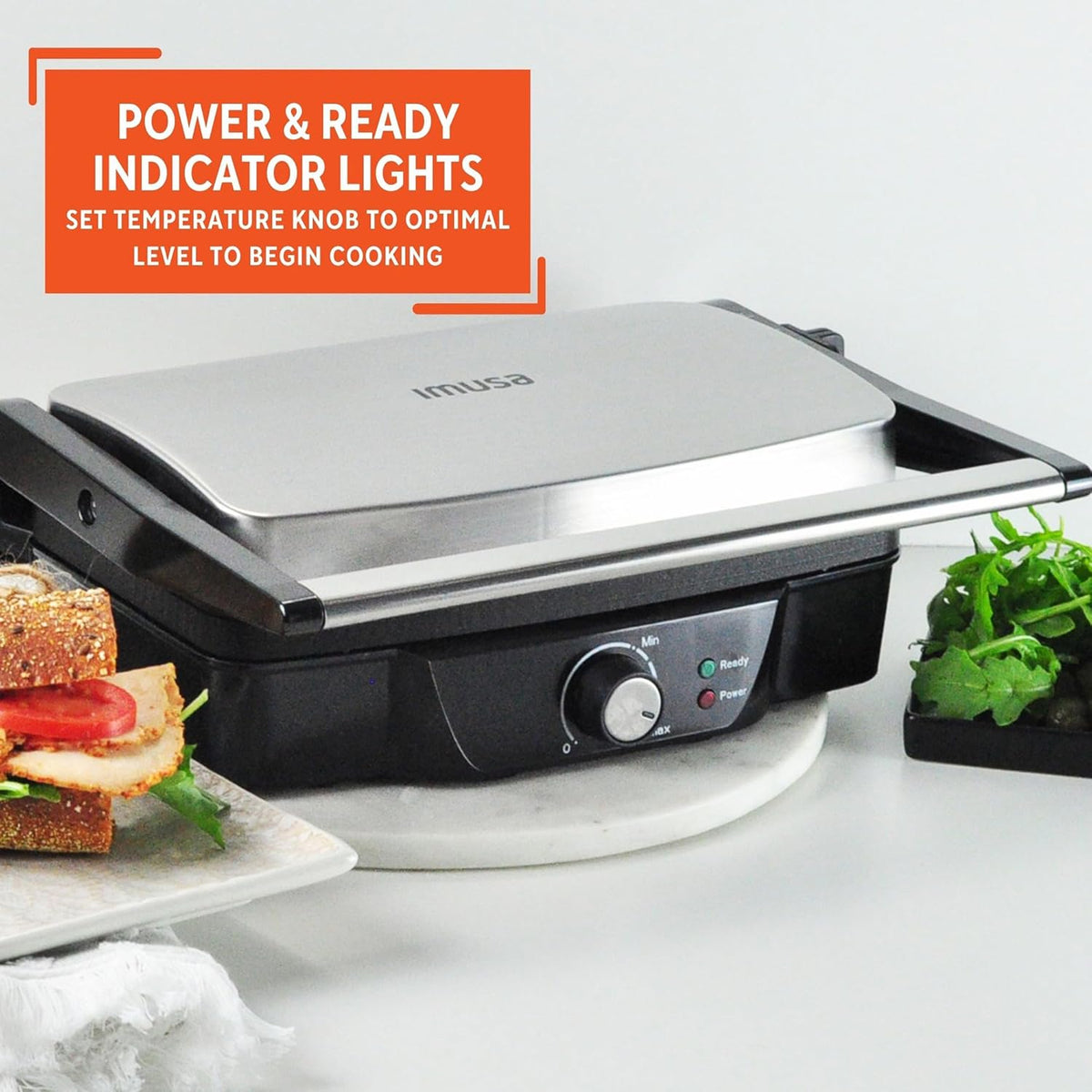 IMUSA Stainless Steel Panini Press Electric with Adjustable Temperature Settings and Nonstick Plates, 1200W - PuriLite