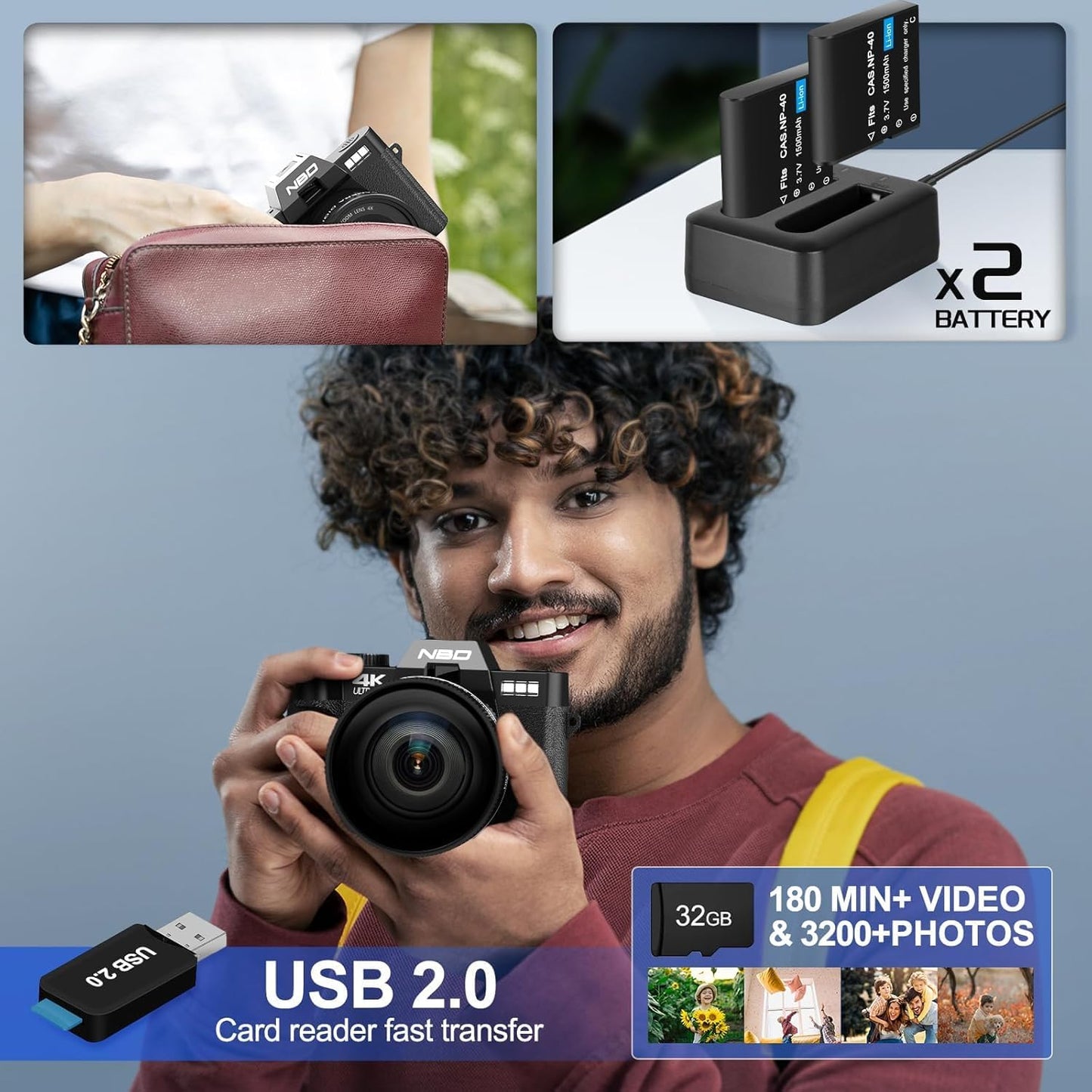 NBD 4K Digital Camera for Photography 48MP Video Vlogging Camera for YouTube with 3" 180° Flip Screen WiFi, 16X Digital Zoom Cameras with 32GB Micro Card, Wide-Angle & Macro Lens (Black) - PuriLite