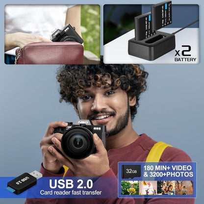 NBD 4K Digital Camera for Photography 48MP Video Vlogging Camera for YouTube with 3" 180° Flip Screen WiFi, 16X Digital Zoom Cameras with 32GB Micro Card, Wide-Angle & Macro Lens (Black) - PuriLite