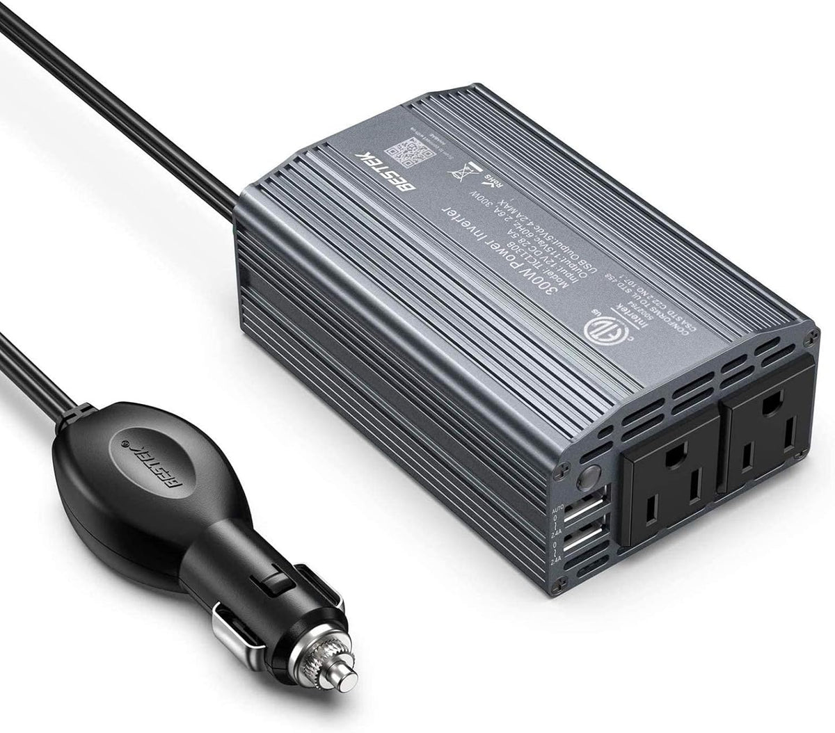 BESTEK Power Inverter DC 12V to AC 110V - 300W Car Plug Adapter Outlet with 4.8A Dual USB Fast Charging Port - Car Charger Cigarette Lighter Adapter for Phone, Laptop on Road Trip - Aluminum Housing - PuriLite