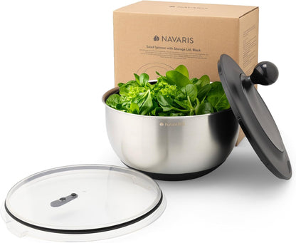Navaris Salad Spinner with Lid - Salad Spinner Stainless Steel - Salad Dryer - Easy Washing, Drying and Spinning - Includes Grating and Slicing Discs - PuriLite