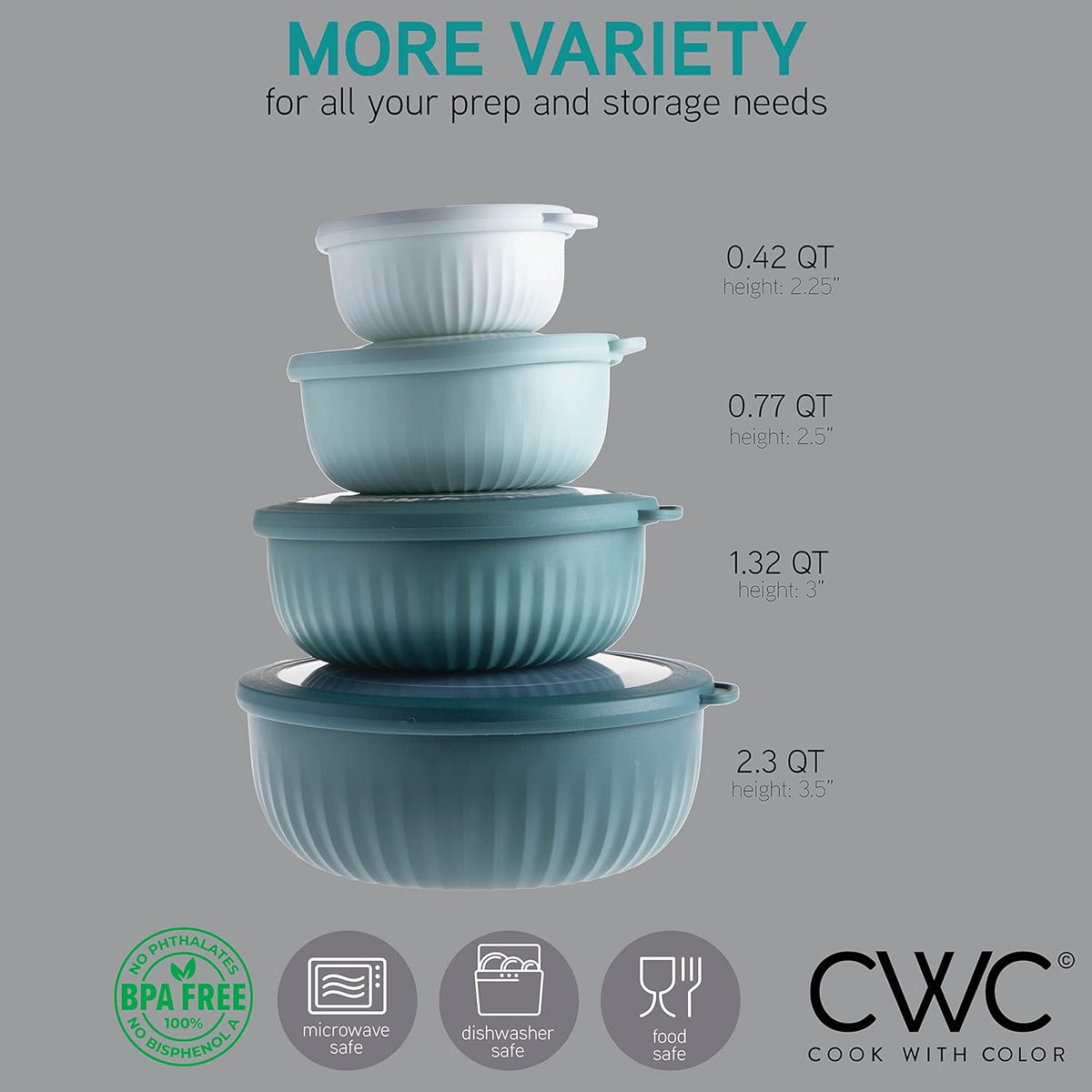 COOK WITH COLOR Prep Bowls with Lids- 8 Piece Nesting Plastic Small Mixing Bowl Set with Lids (Teal Ombre) - PuriLite