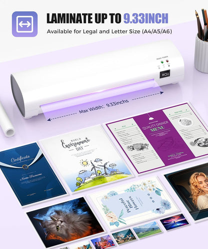 9 Inch Laminator Machine with Never Jam Technology, 40 Laminating Sheets, 4-in-1 A4 Thermal Laminator with Trimmer and Corner Rounder for Office, School, Business and Home Use - White - PuriLite