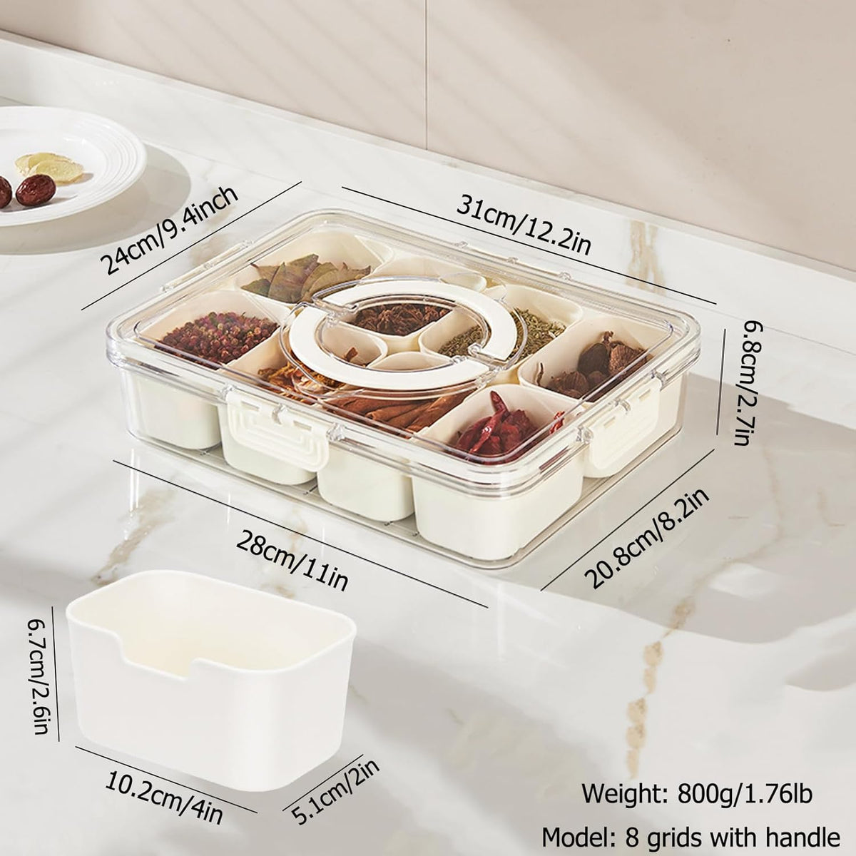 KIGITIONE Snackle Box, Pink 8 Compartments Portable Serving Tray, Divided Snackle Box Container with Lid and Handle, Snack Organizer for Fruits, Snacks, Nuts, Candy, Ideal for Party, Travel & Picnics - PuriLite