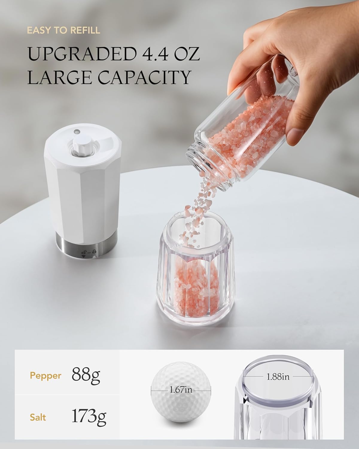 FORLIM 2-Speed Electric Salt and Pepper Grinder Set, 800mAh Rechargeable, Upgraded Auto-Reverse Clean After Stop, Pepper Shakes with White LED, Ceramic Grinding Core, Black & White - PuriLite
