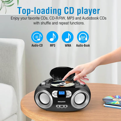 MEGATEK Portable CD Player Boombox with FM Radio, Bluetooth, USB Port, AUX Input, and Headphone Jack – CD-R/CD-RW/MP3-CD Compatible, Clear Stereo Sound, Backlit LCD Display – Black - PuriLite