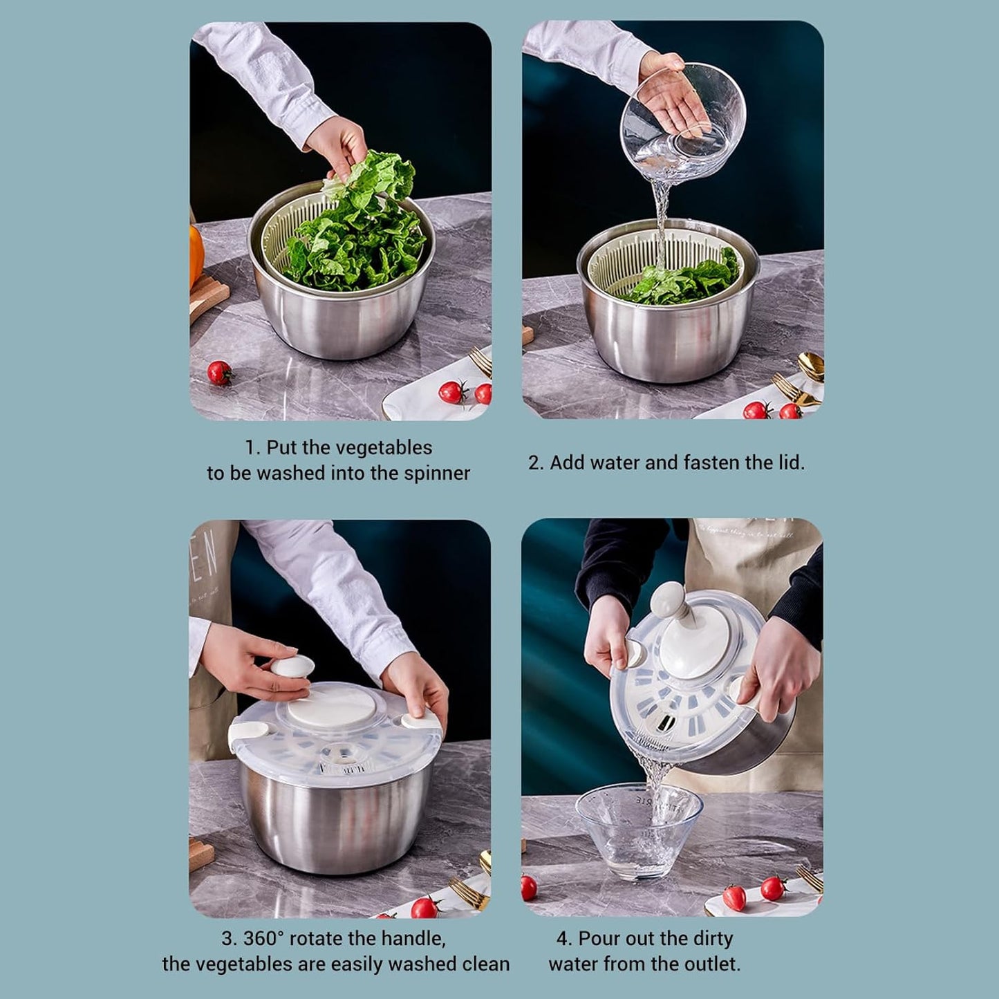 Stainless Steel Salad Spinner, Fruit Vegetable Dryer, Spin and Dry Salad Greens, Drainer & Colander Bowl, Pasta and Fries Spinner, Non Slip Design, 5L Capacity - PuriLite