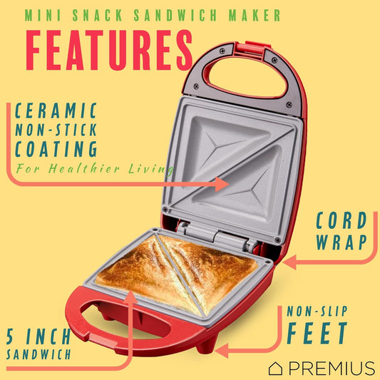 PREMIUS Ceramic NonStick Mini Snack Sandwich Maker, Indicator Light, 5x4.4 Inch Mold, Great for French Toast, Tuna Melt, Egg & Grilled Cheese, Pancake Sandwich, Desserts, Toasties, 520 W (Red) - PuriLite