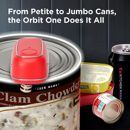Kitchen Mama Orbit One Stainless Steel Rechargeable Electric Can Opener: Hands-Free, USB-C Charging, Automatic Stop, Smooth Edge, Safety, Blade for Large Cans, Heavy Duty, Soda Can and Pop Can - PuriLite