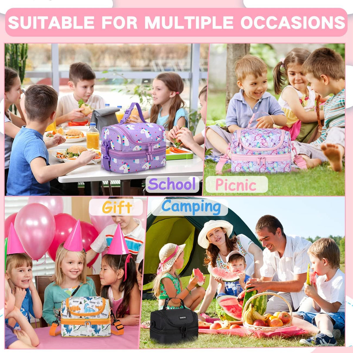 VASCHY Lunch Box Bag Men, Insulated Two Compartments Bento Cooler Bags for Adults/Women/Kids for School,Daycare,Kindergarten,Picnic Black - PuriLite