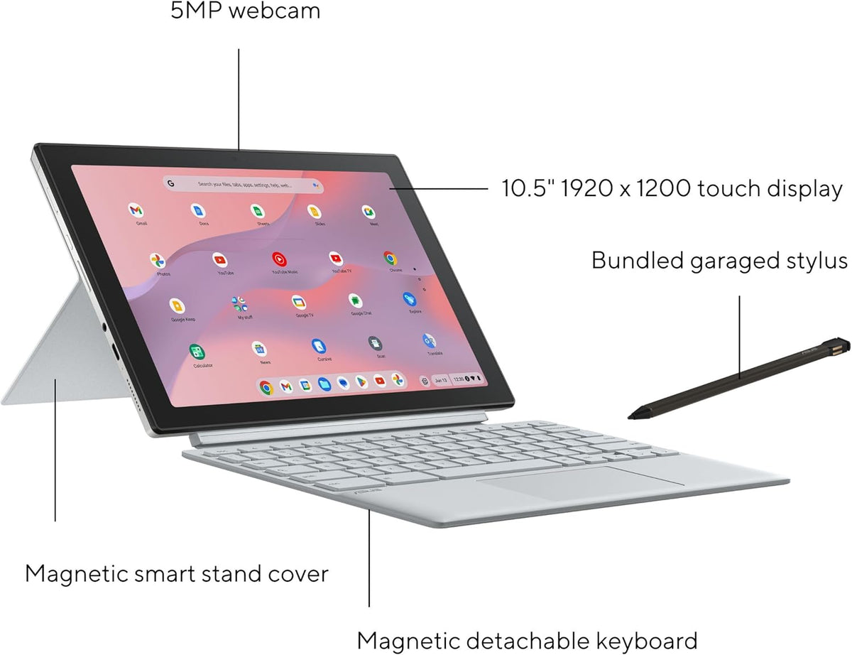 ASUS Chromebook CM30 Detachable Laptop, 10.5" 1920x1200 Display, MediaTek™ Kompanio 520, 8GB RAM, 128GB eMMC Storage, Garaged Stylus, ChromeOS, Fog Silver, CM3001DM2A-AS01TS-CB - PuriLite