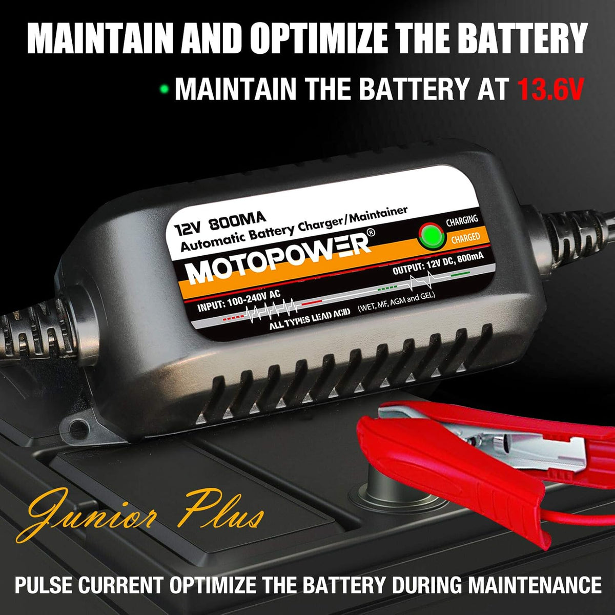 MOTOPOWER MP00205A 12V 800mA Fully Automatic Battery Charger/Maintainer - PuriLite