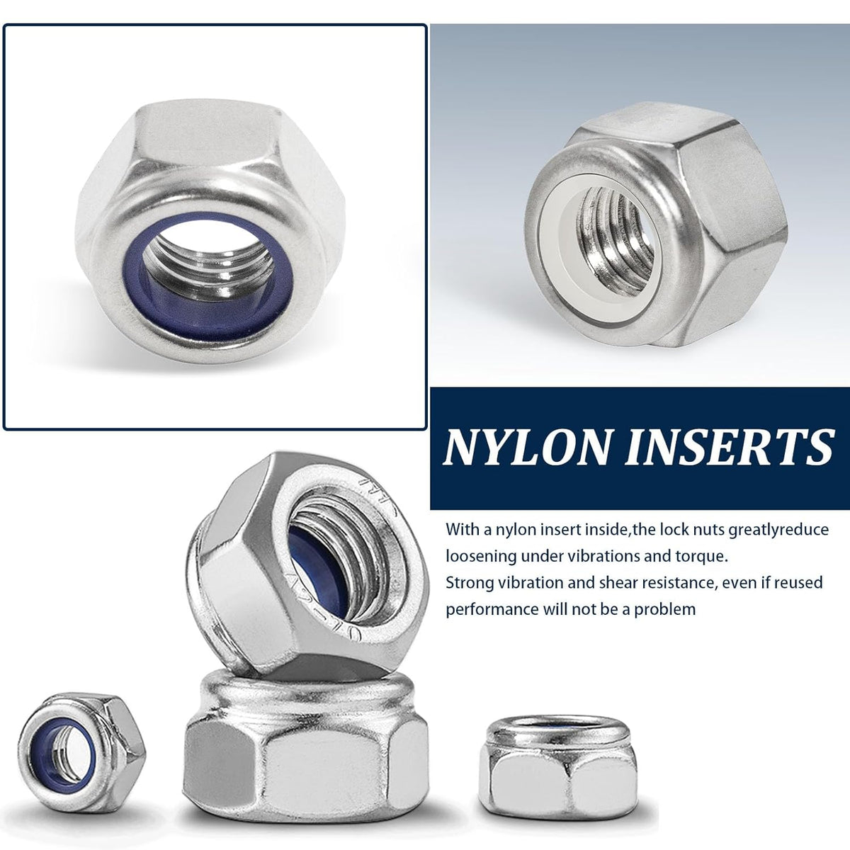 Vifmy 110 Pack 1/4"-20 Inch Lock Nuts,304 (A2-70) Stainless Steel Nylon Insert Locknuts,Standard Inch Thread Nylock Nuts for Bolts - PuriLite