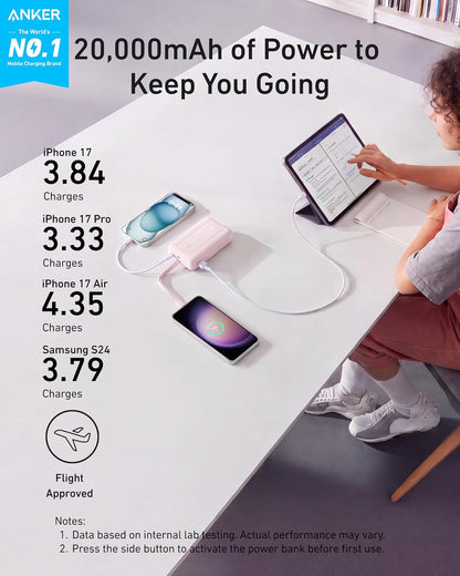 Anker Zolo Power Bank, 20,000mAh, 45W Battery Pack, Built-in USB-C Cable