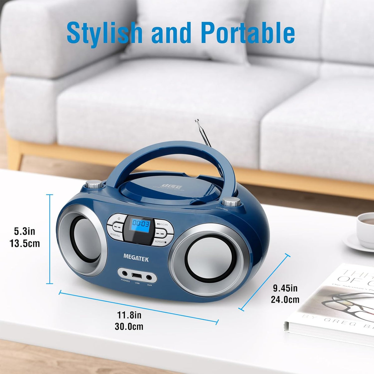 MEGATEK Portable CD Player Boombox with FM Radio, Bluetooth, USB Port, AUX Input, and Headphone Jack – CD-R/CD-RW/MP3-CD Compatible, Clear Stereo Sound, Backlit LCD Display – Black - PuriLite