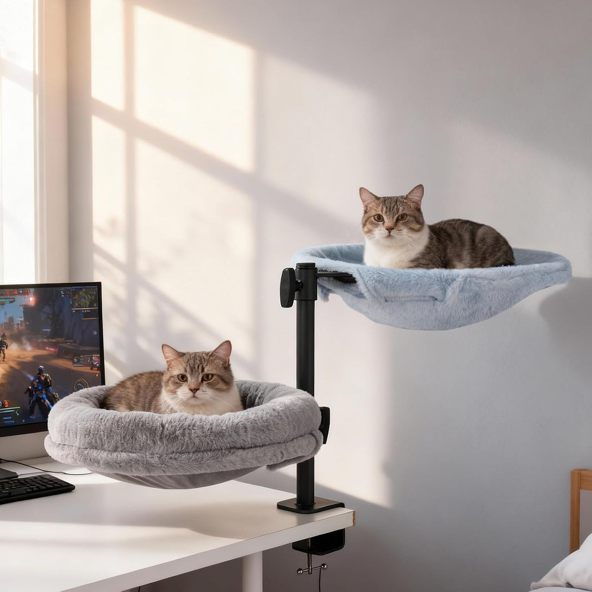 Odoland Cat Desk Bed, 2-in-1 Double Layer Bed with Adjustable Height | Indoor Cats Hammock with Replace Mattress Washable Fabrics for Cat