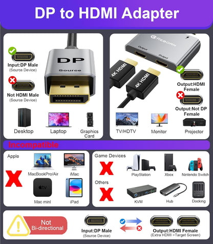 Reborn DisplayPort to Dual HDMI Adapter 4K@60Hz Display Port to 1 in 2 Out Splitter for Dual Monitor Extended Display, DP Source to 2 Adapter with PC, Graphics Card, HP and More - PuriLite