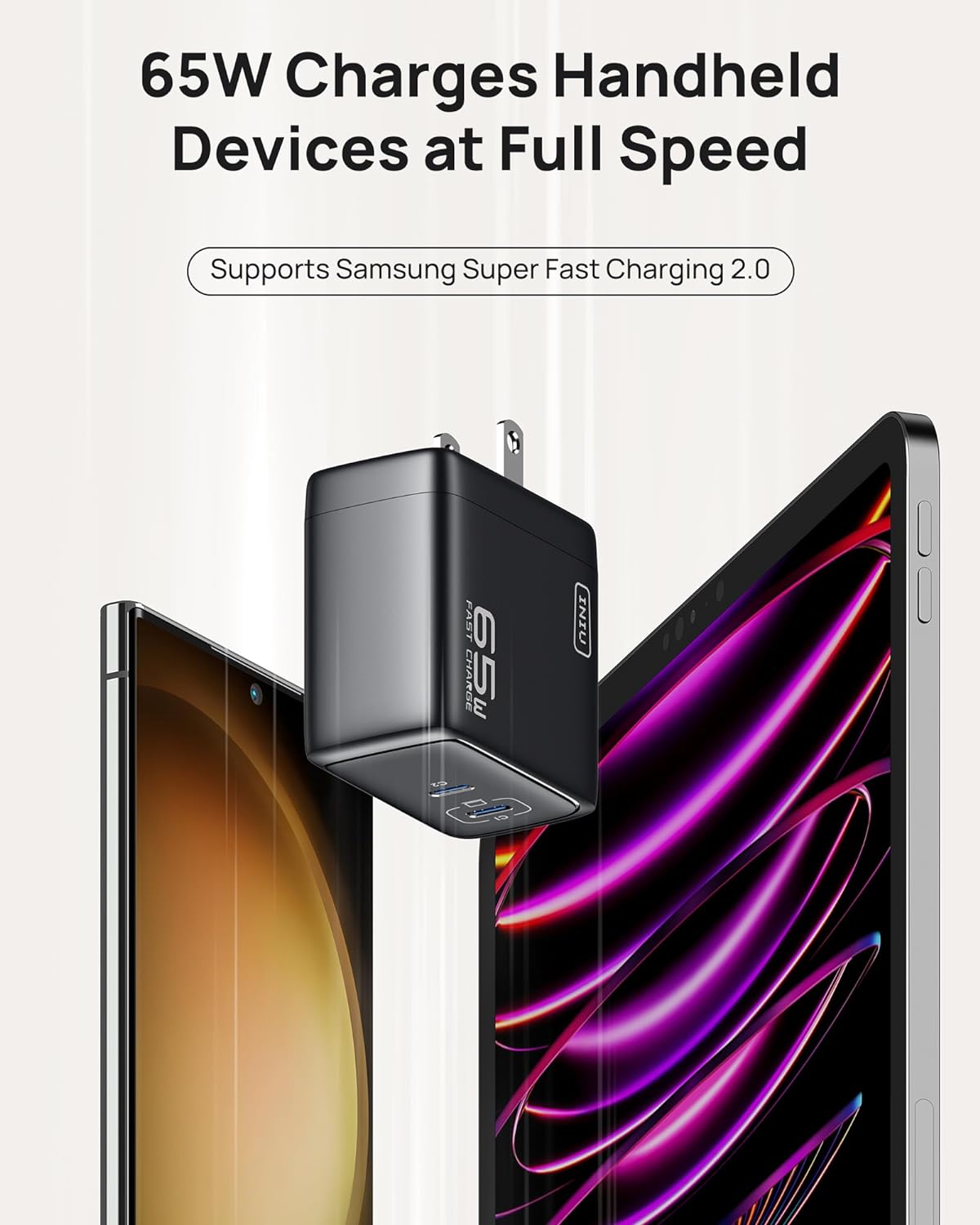 INIU USB C Charger, 65W Fast Charging GaN Wall Charger, 2-Port Compact Foldable PD PPS Charger Block for MacBook Pro/Air, iPad Pro, iPhone 16/15, Galaxy S23, Dell XPS 13, Note 20/10+, Steam Deck - PuriLite