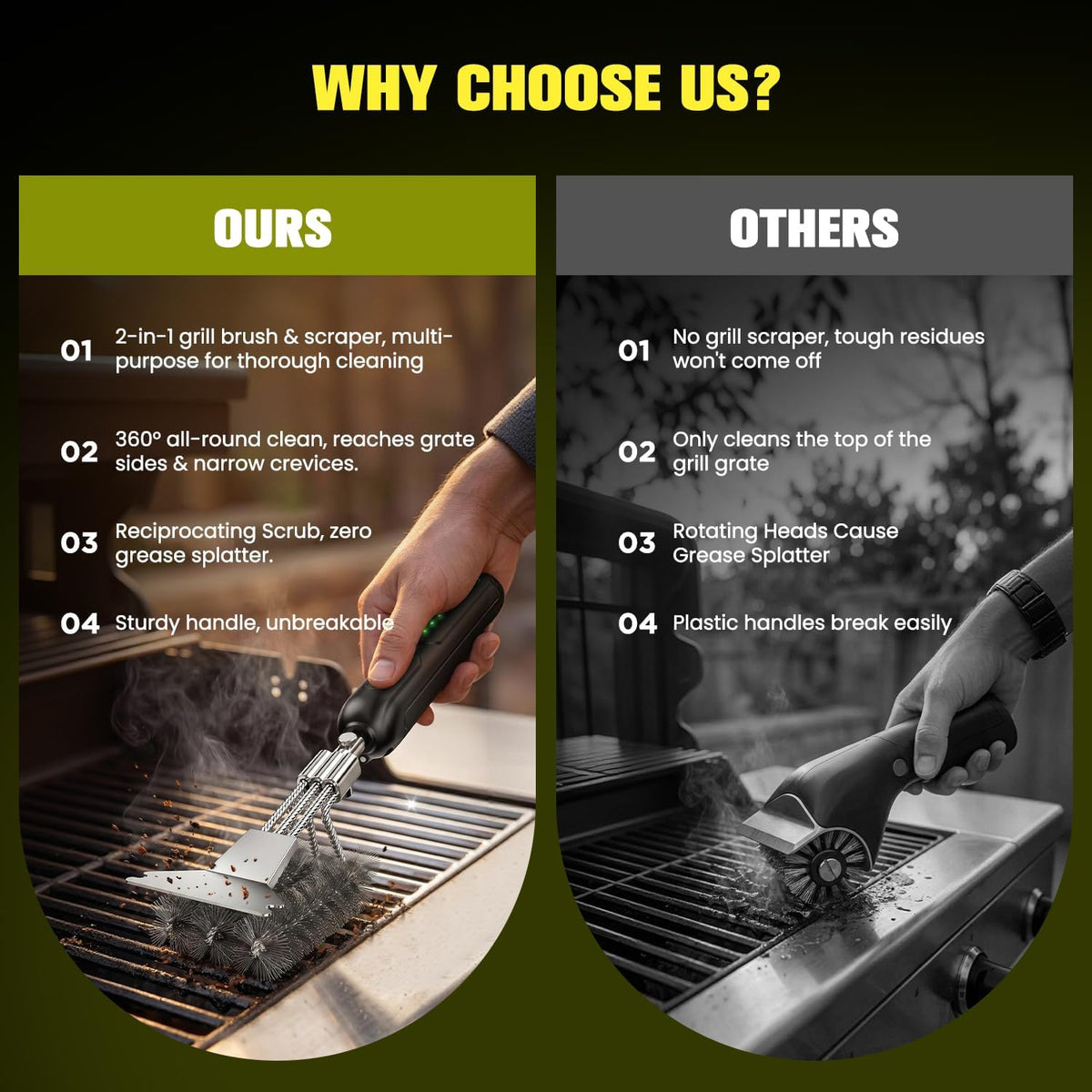 2026 Upgraded Electric Grill Brush: Cordless BBQ Cleaner with 2-Speed Powerful Motor, Reciprocating Clean, Reaches Grill Grate Sides & Corners, 20kg High-Torque Electric BBQ Brush with LED Light