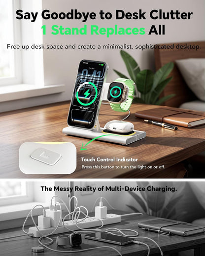3 in 1 Foldable Charging Station for Apple Wireless Charger iPhone Charging Station for iPhone 18 Pro Max,Apple Watch 12 Charger Stand, Light Nightstand Charging Dock for iWatch/Airpods