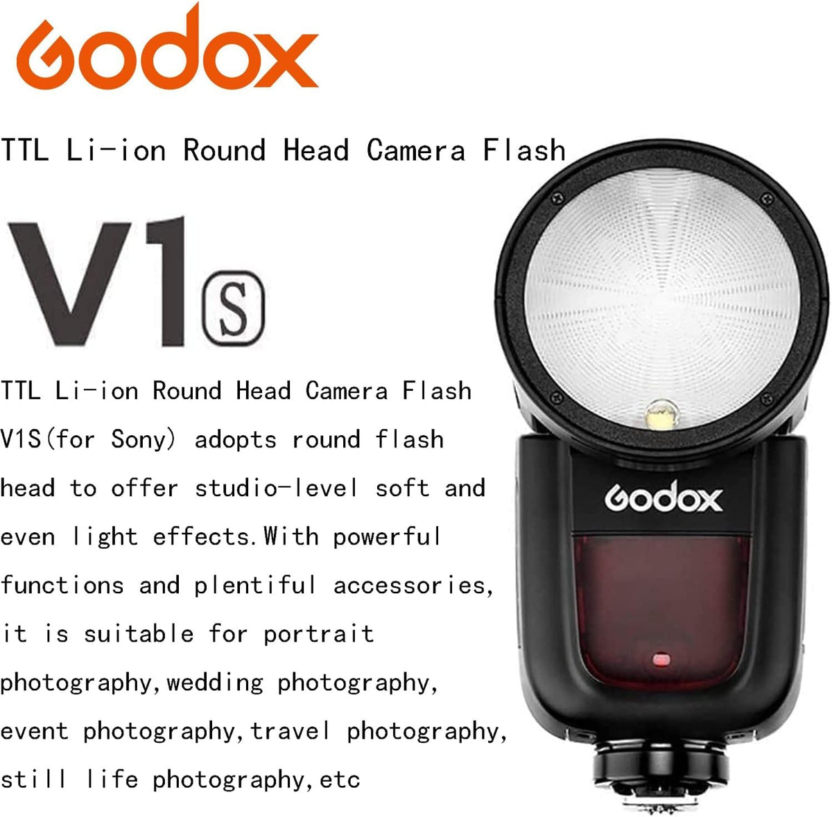 Godox V1 V1-C V1C Round Head Camera Flash for Canon Flash Speedlite Speedlight Light,76Ws 2.4G TTL1/8000 HSS,480 Full Power Shots,1.5s Recycle Time,2600mAh Li-ion Battery,10 Levels LED Modeling Lamp - PuriLite