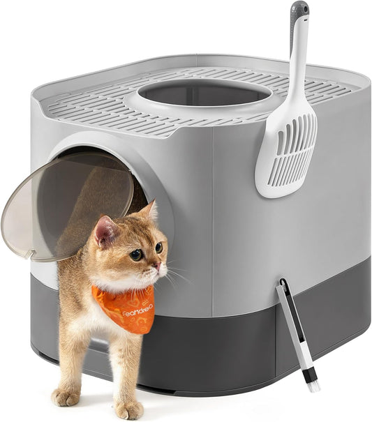 Feandrea Cat Litter Box with Lid, XL Enclosed Litter Box with Slide-Out Tray, Scoop, Brush, for Large Cat, Anti-Tracking, Anti-Leaking, Dove Gray and Slat Gray UPPT002B01 - PuriLite