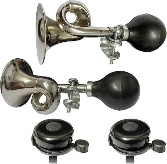 2 Pack Loud Sound Bike Bugle Horn Retro Metal Squeeze Clown Horn and 2 Pack Aluminum Bicycle Bell Fits Kids Adults Cycle Handle Bar and Golf Cart - PuriLite