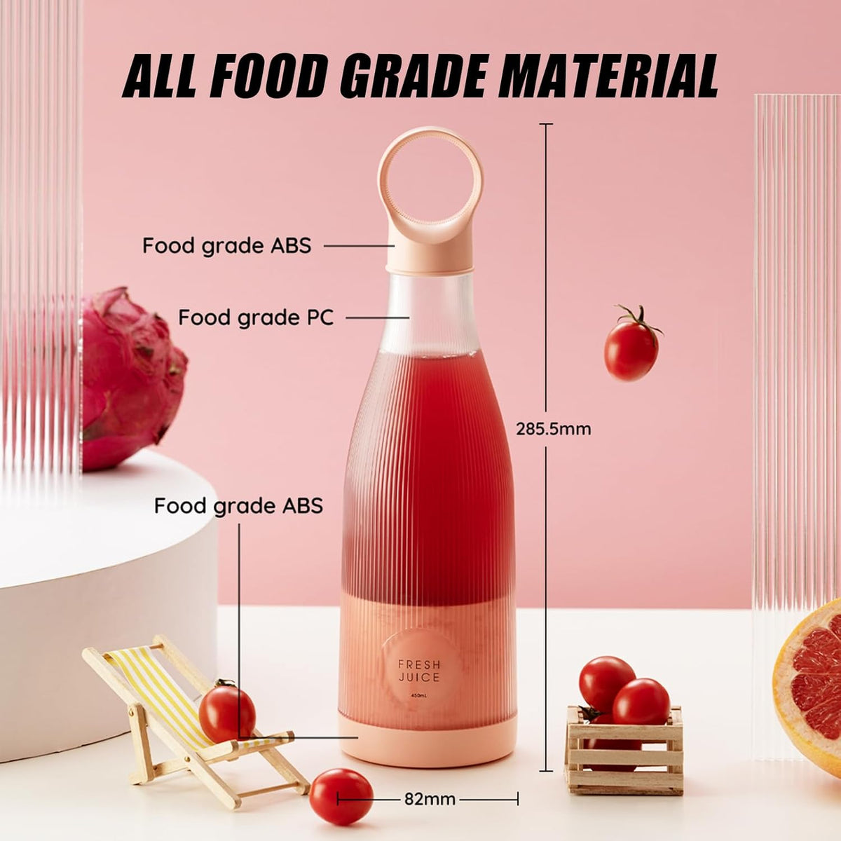 Mini Portable Blender, Cordless, Food Grade Material, 12fl oz, Magnetic Charging, Waterproof, Fresh & Light, Personal Blender for Shakes & Smoothies (Clear/Pink) - PuriLite