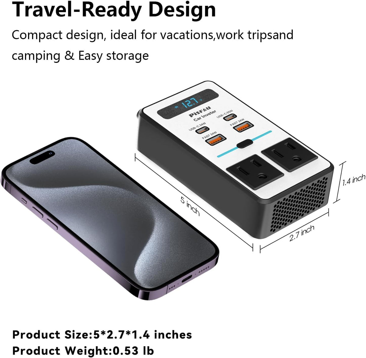 200W Car Power Inverter, PiSFAU DC 12V to 110V AC Car Plug Adapter Outlet with [20W USB-C] /USB-Fast Charger(18W) / 4.8A Dual USB/car Charger for Laptop - PuriLite