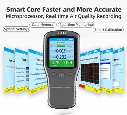Air Quality Tester, 8 in 1 Air Quality Monitor Indoor，Formaldehyde Detector, voc Meter, Detect Indoor HCHO,TVOC,AQI,PM2.5,PM10,PM1.0,Temperature and Humidity Tester (Black) - PuriLite