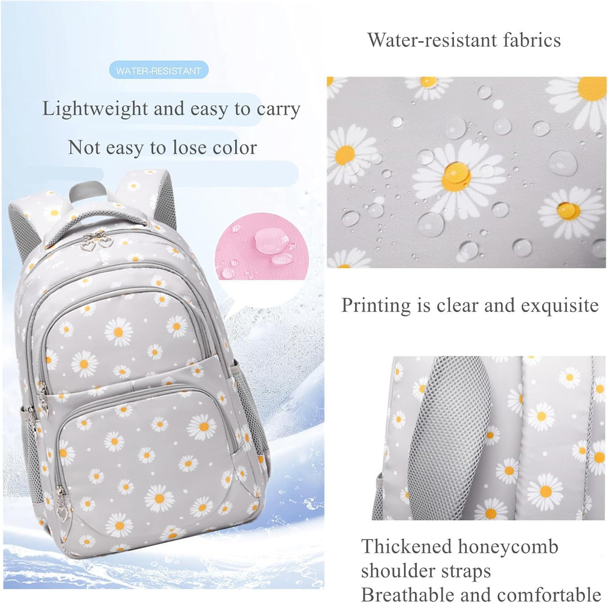 3Pcs Daisy Prints Backpack for Girls Bookbag set Primary School Daypack Elementary Students Knapsack with Lunch Box - PuriLite