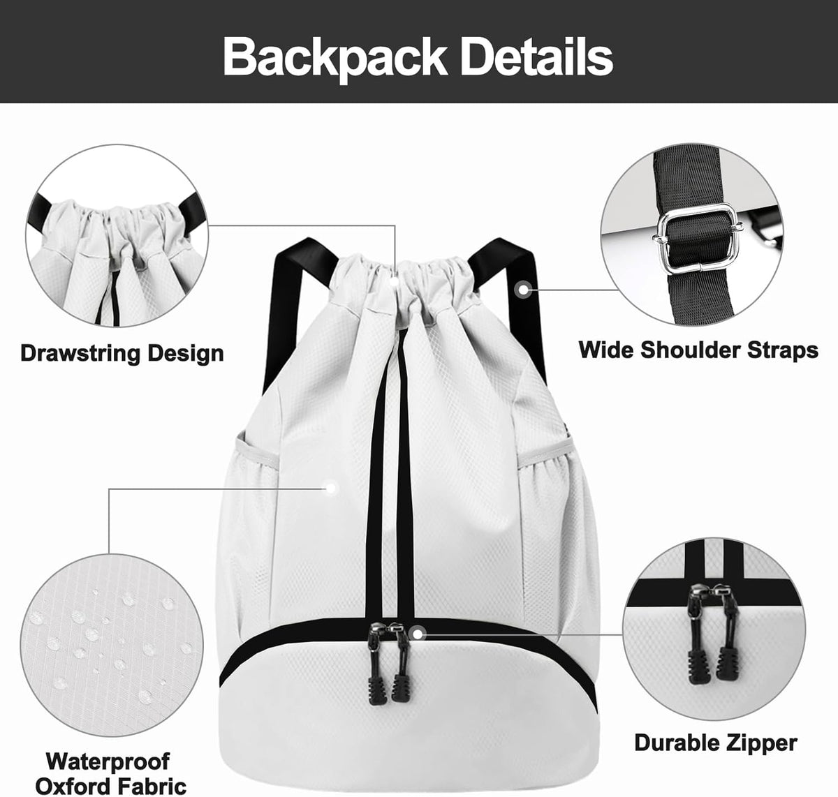 Hoedia Sports Drawstring Backpack - String Swim Gym Bag with Shoes Compartment and Wet Proof Pocket for Women/Men - PuriLite