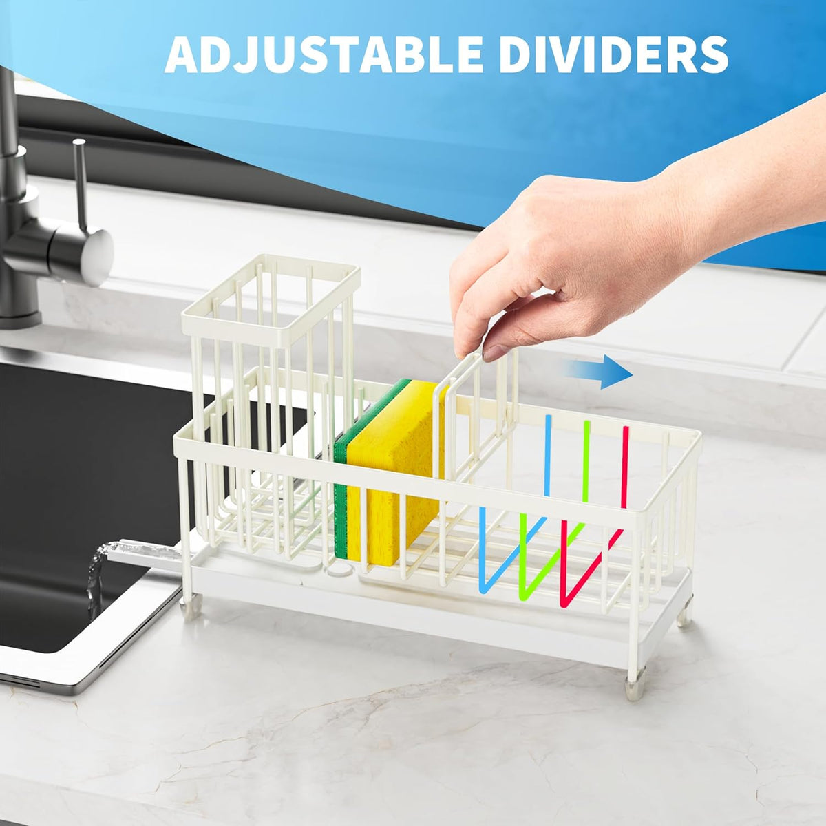 Cisily Sponge Holder for Kitchen Sink, Sink Caddy with High Brush Holder, Organzier Rustproof 304 Stainless Steel Dish Organizer Divider, Soap Dispenser Storage (Black) - PuriLite