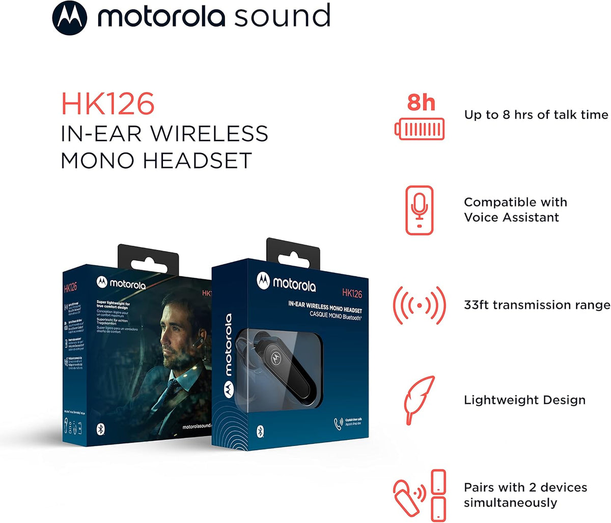 Motorola Bluetooth Earpiece - HK126 in-Ear Wireless Mono Headset for Clear Voice Calls - Lightweight, Comfortable Design - 8-Hour Talk Time, Voice Assistant Compatible, Connects to 2 Devices - PuriLite