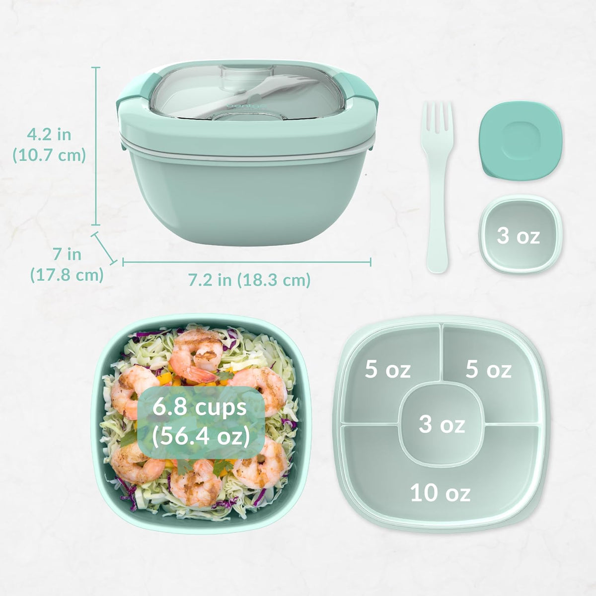 Bentgo Salad - Stackable Lunch Container with Large 54-oz Salad Bowl, 4-Compartment Bento-Style Tray for Toppings, 3-oz Sauce Container for Dressings, Built-in Reusable Fork & BPA-Free (Khaki Green) - PuriLite